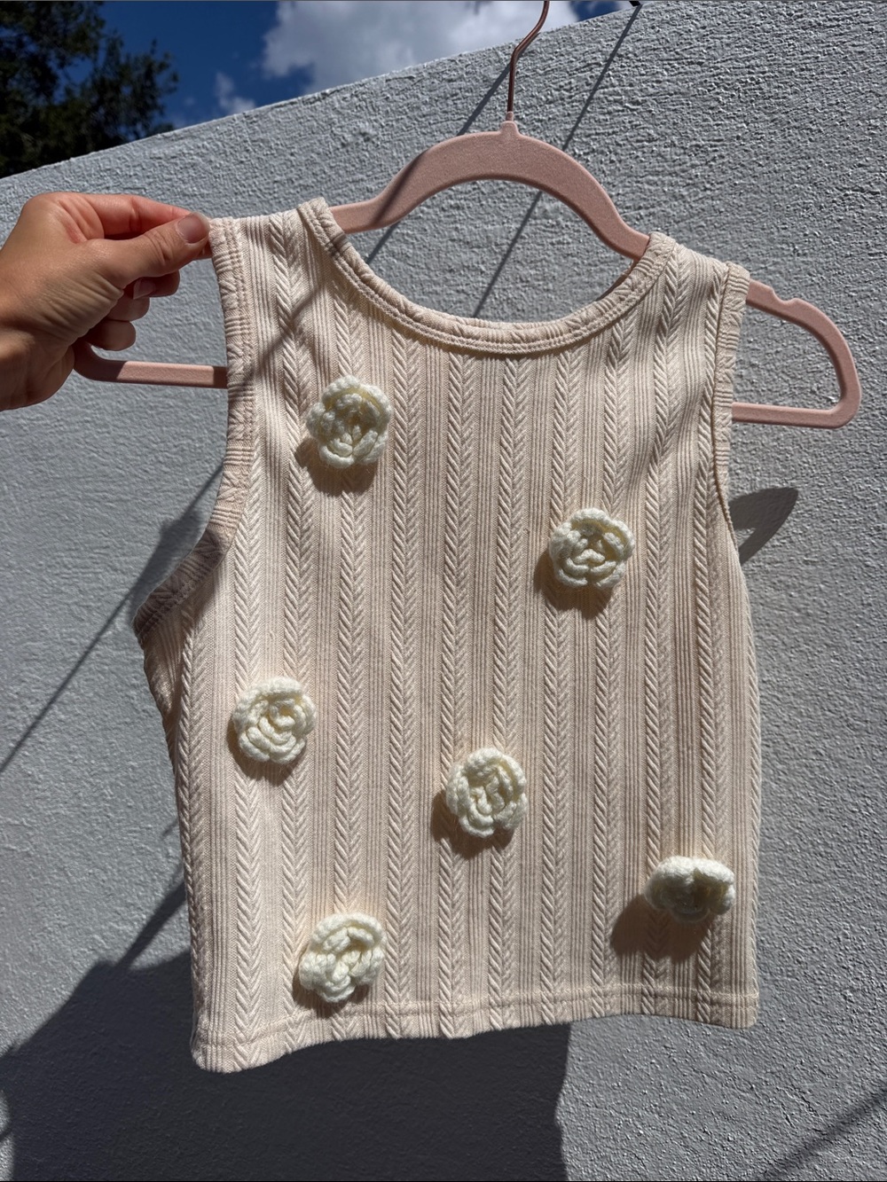 Zara Cream Ribbed Floral Appliqué Tank Top